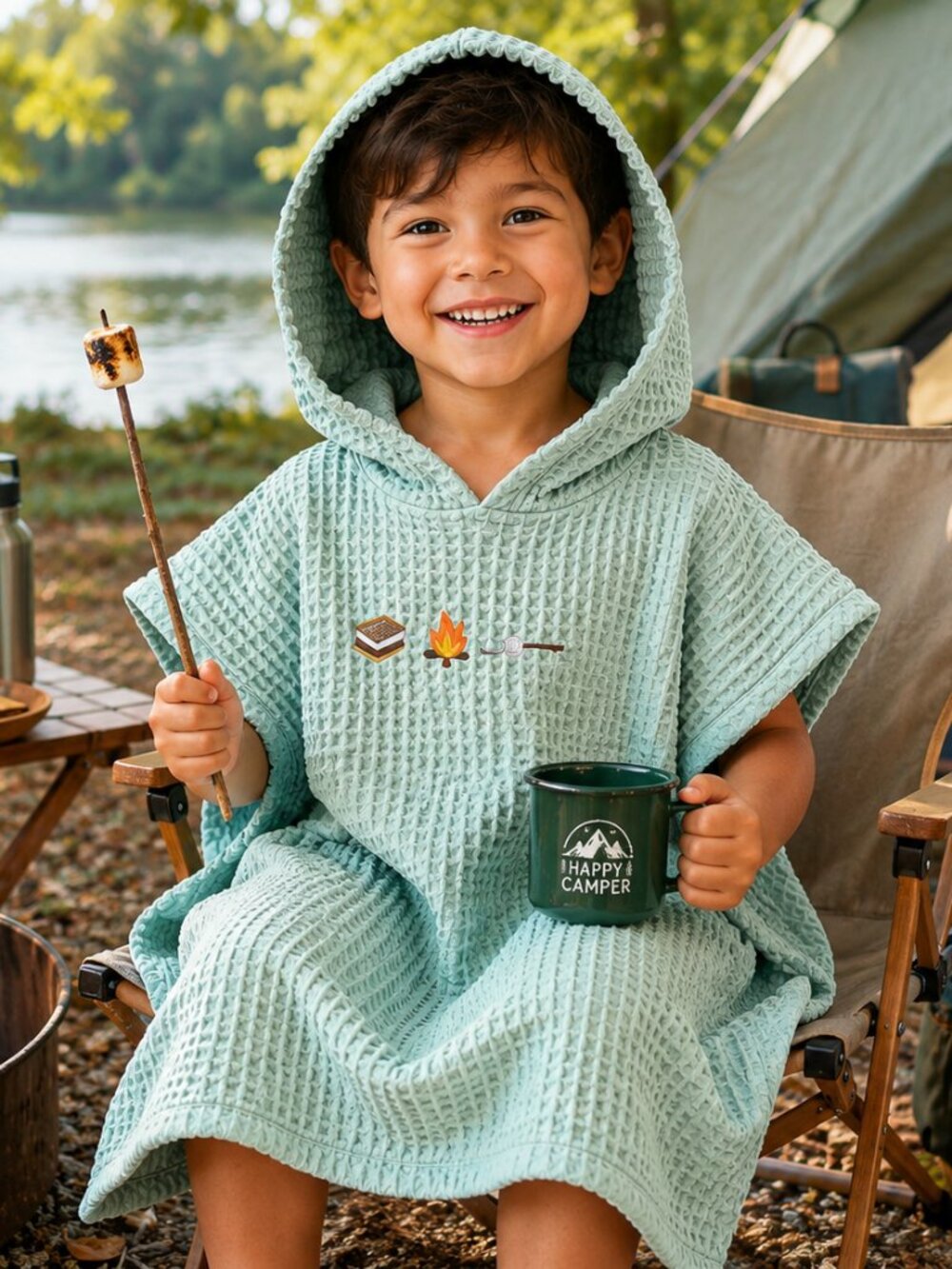 Kids Hooded Towel Poncho | Camping Embroidered Design | Soft Cotton Beach & Pool